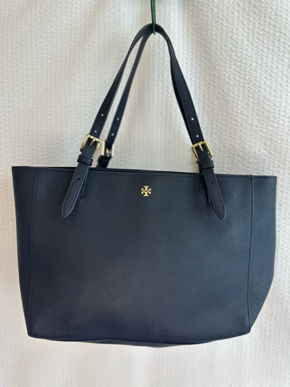 TORY BURCH Navy Blue York Buckle Pebbled Leather Tote Shoulder Bag Gold Hardware